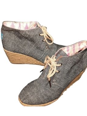 Toms Blue Chambray Lace-up Jute Wedge Bootie SZ 9